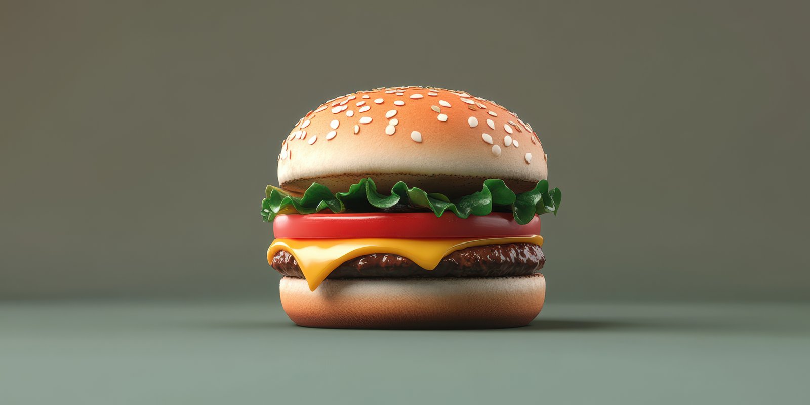 Juicy burger with sesame seed bun, lettuce, tomato, and cheddar cheese on a smooth surface in a neutral setting